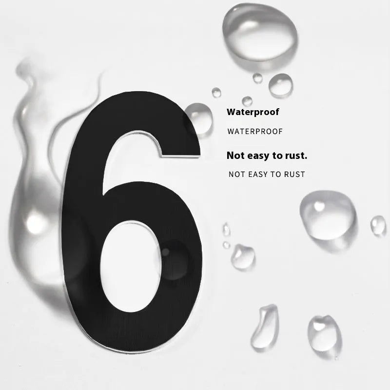 Black stainless steel house number characters showing letters A-F and numbers 0-9 with adhesive backing