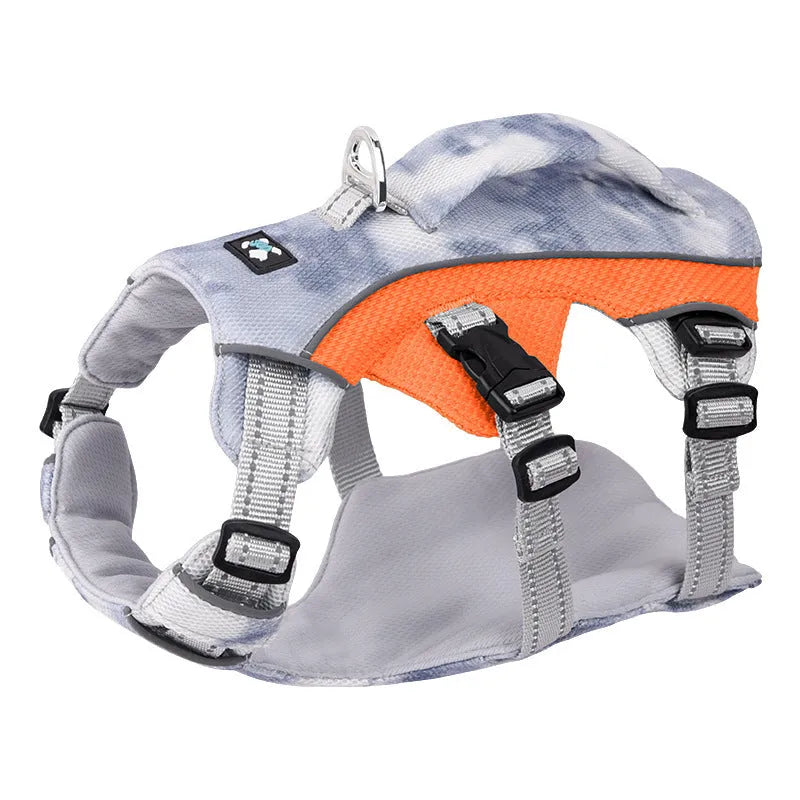 Reflective dog chest strap in light blue colour showing cooling clothes attachment points