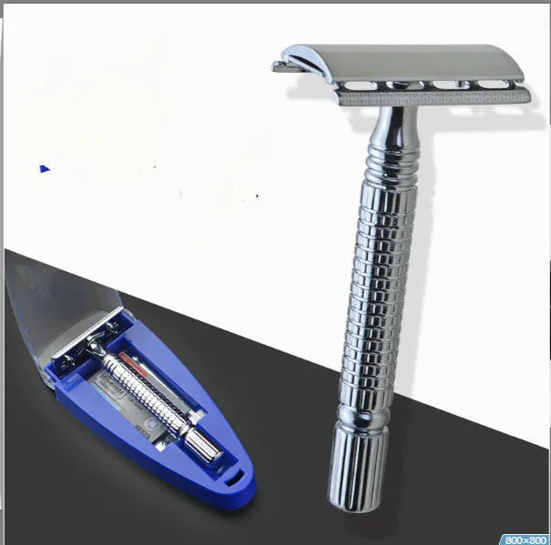 Chrome-plated double edged safety razor with textured handle and storage box.