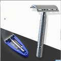 Chrome-plated double edged safety razor with textured handle and storage box.