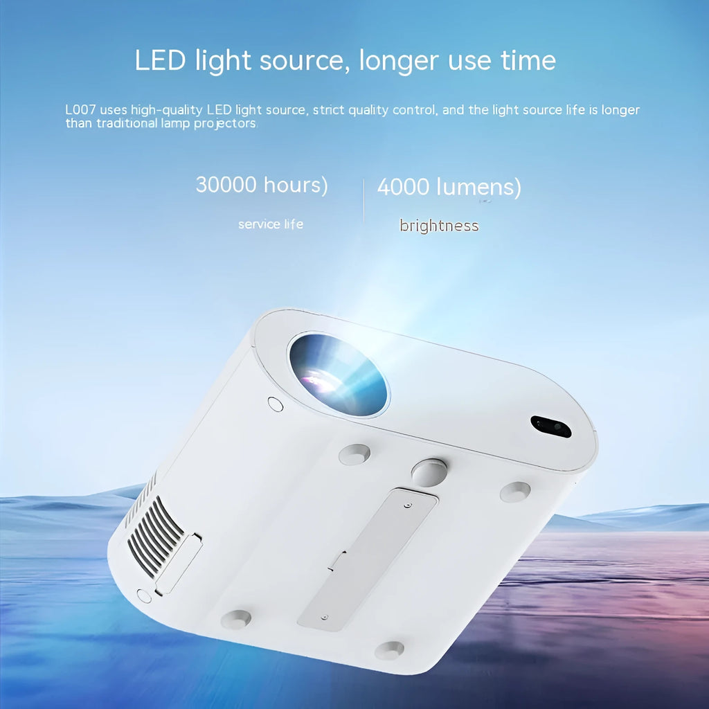 White Full HD smart projector with remote control showing 1080p resolution and Android OS
