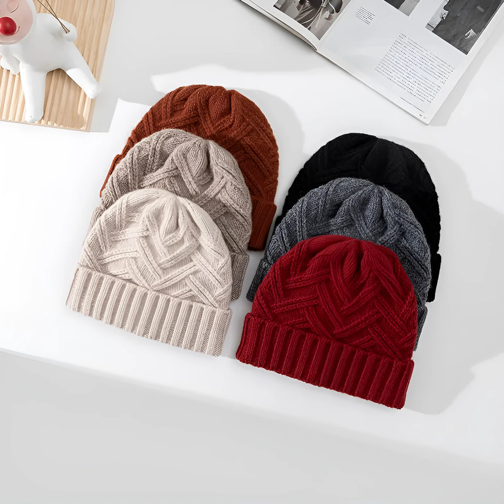 Women's wool knitted dome crown winter hat shown in multiple colour options including ivory white, khaki, and obsidian black.
