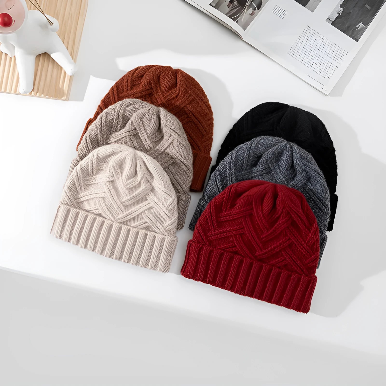 Women's wool knitted dome crown winter hat shown in multiple colour options including ivory white, khaki, and obsidian black.