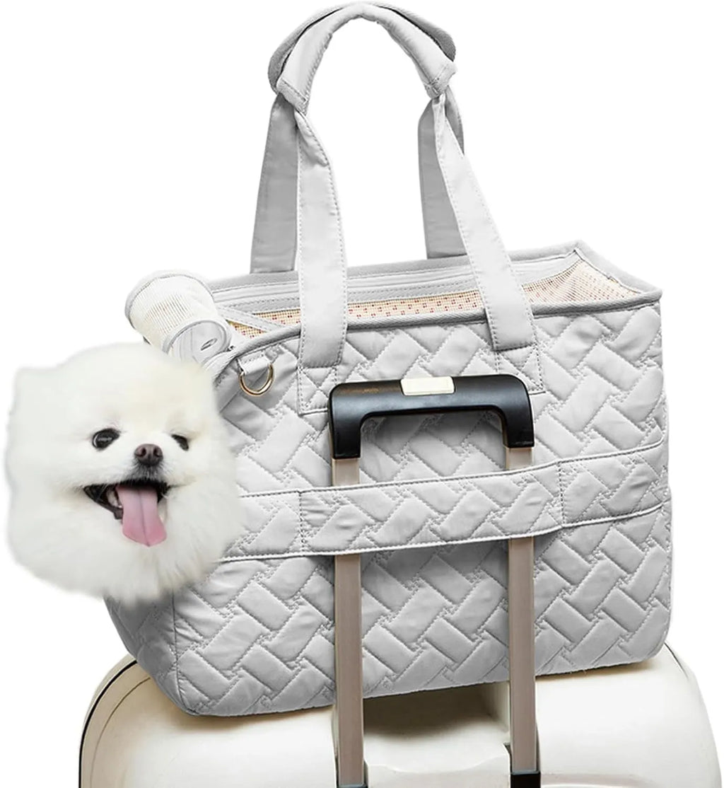 Grey and white pet carrier handbag with mesh panels and multiple pockets