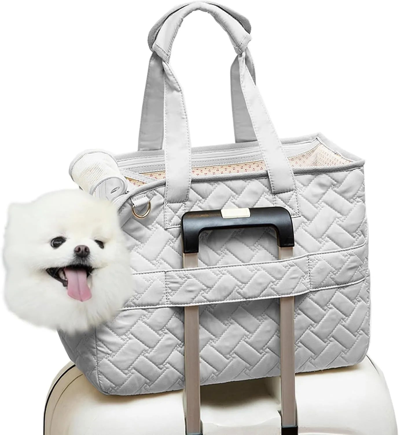 Grey and white pet carrier handbag with mesh panels and multiple pockets