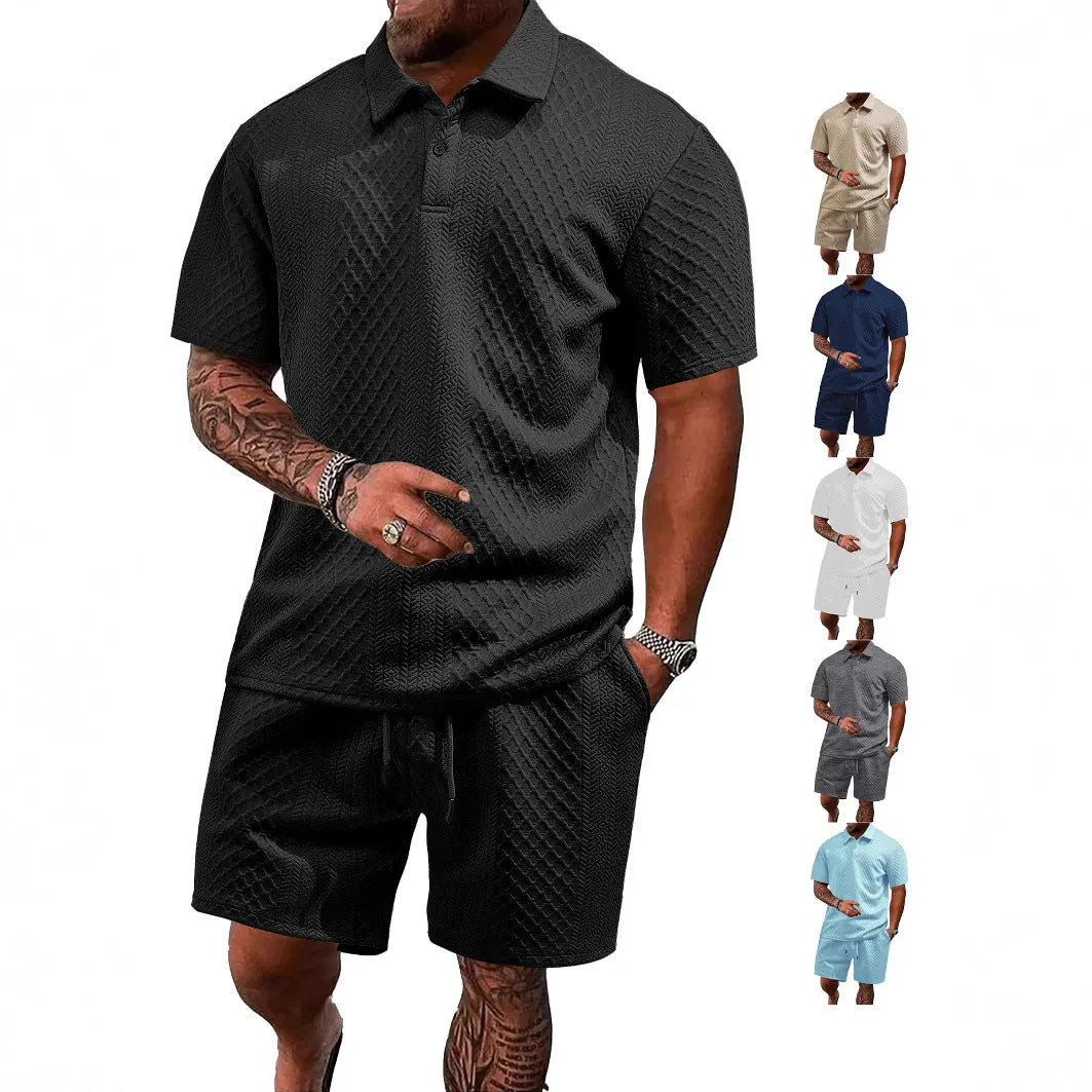 Men's patterned cloth casual suit with thin short sleeve polo shirt in multiple colour options