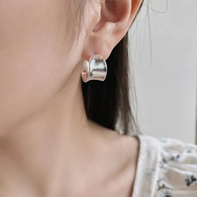 925 silver wide irregular curved ear studs 12x17.5mm electroplated finish for women