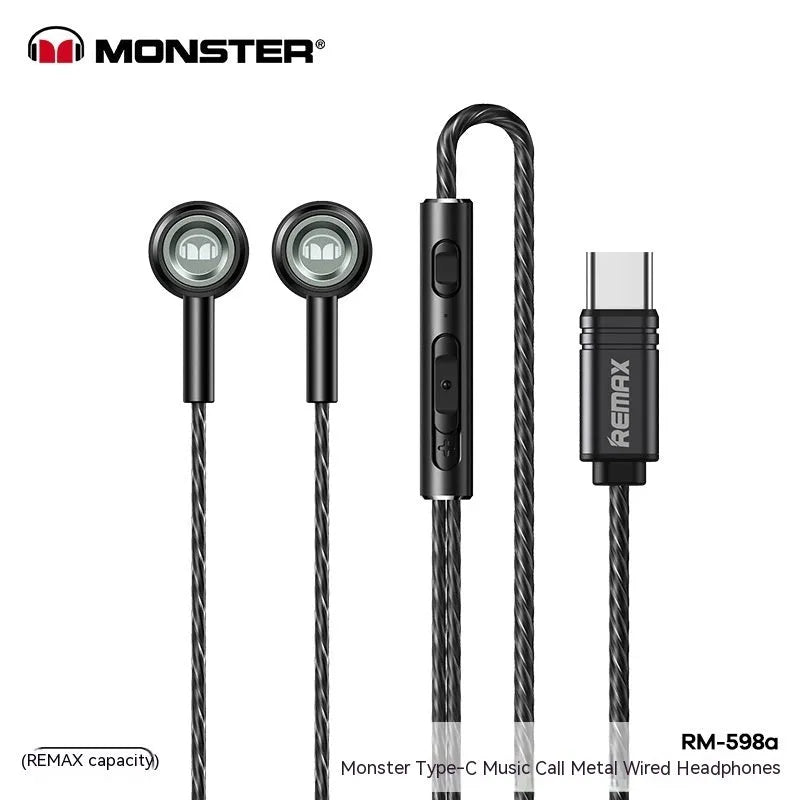 Monster Remax RM711 metal in-ear TWS earbuds with wired Type-C and Lightning in Black