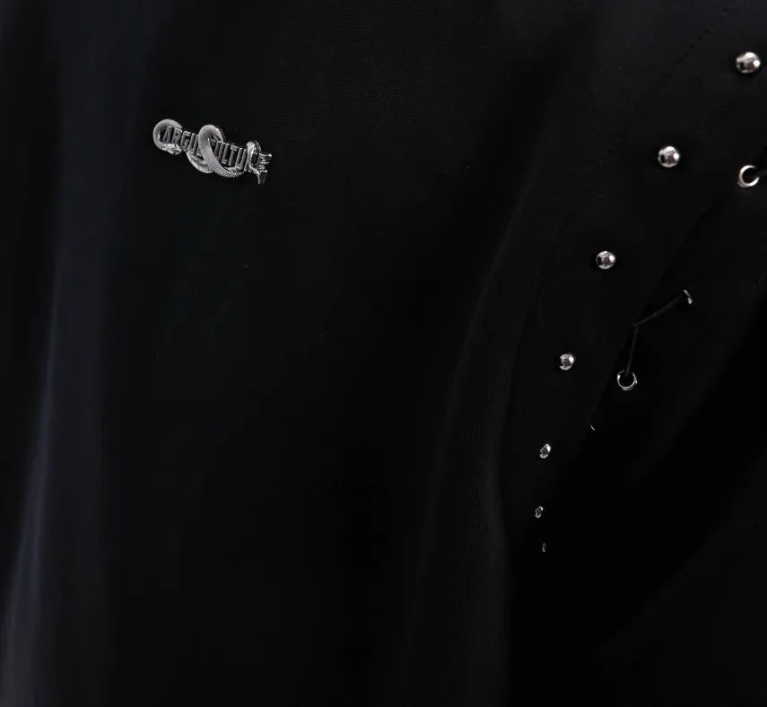 Black short sleeve t-shirt with a vertical lace-up cutout detail on the front.