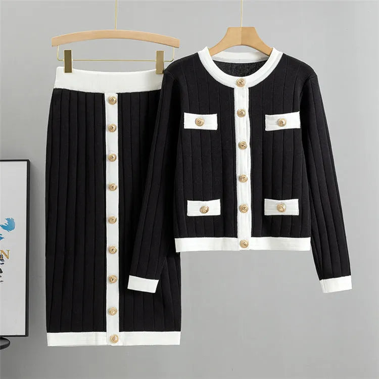 Women's contrast colour knitted cardigan and mid-length skirt two-piece set in viscose fibre with black colour option