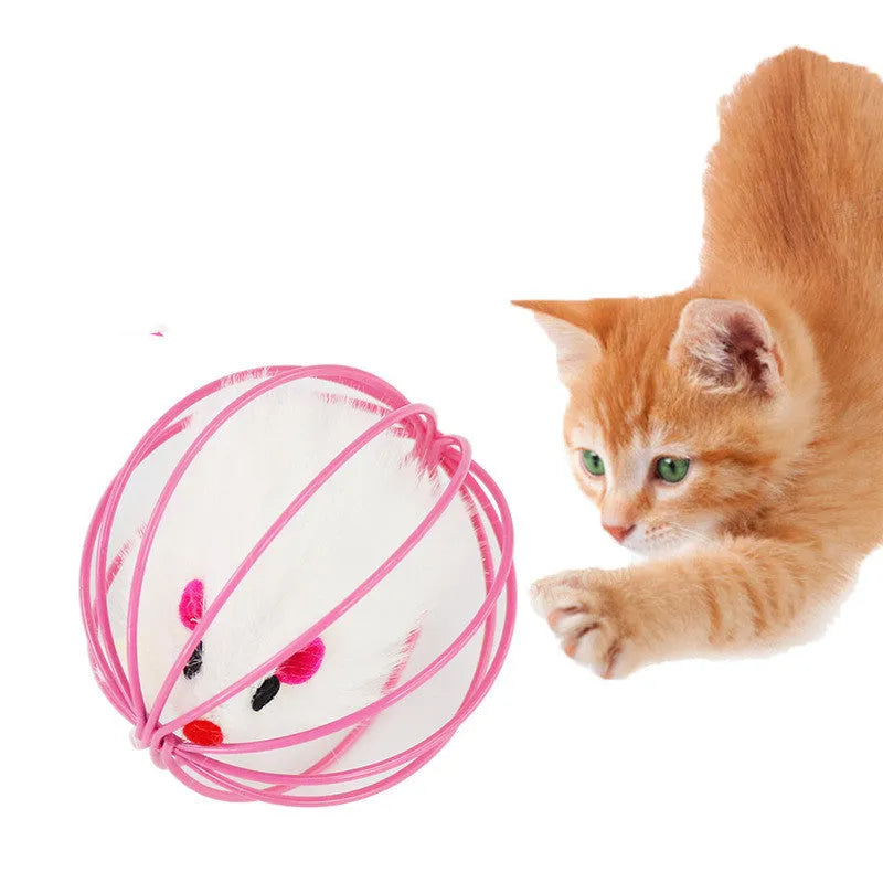 Soft plush cage mouse cat toy approximately 6cm diameter on light surface