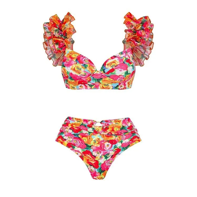 Women's floral print high-waisted push-up bikini set with separate skirt on a white background.