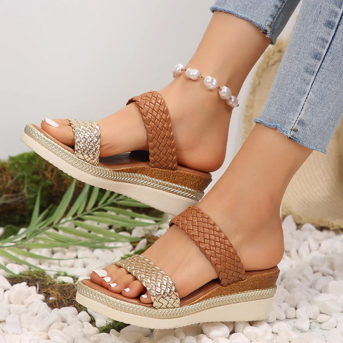 Gold and silver women's wedge sandals with PU upper and rubber sole on size chart 36-43