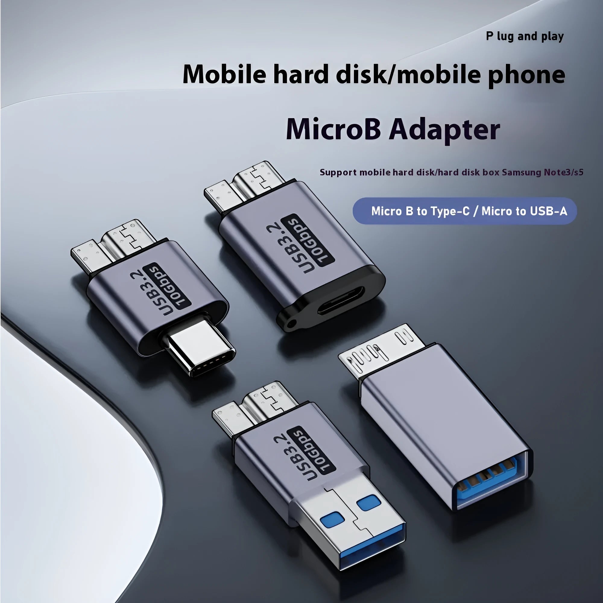 Micro USB B adapter cable for connecting old hard drives and phones to Type C or USB ports.