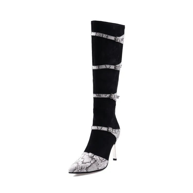 Black and grey women's knee high boots with a thin high heel on a rubber sole
