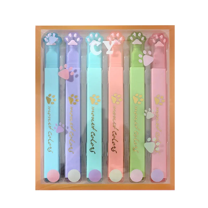 Box of six Cat's Paw fluorescent marking pens with oblique nibs, shown in assorted colours.
