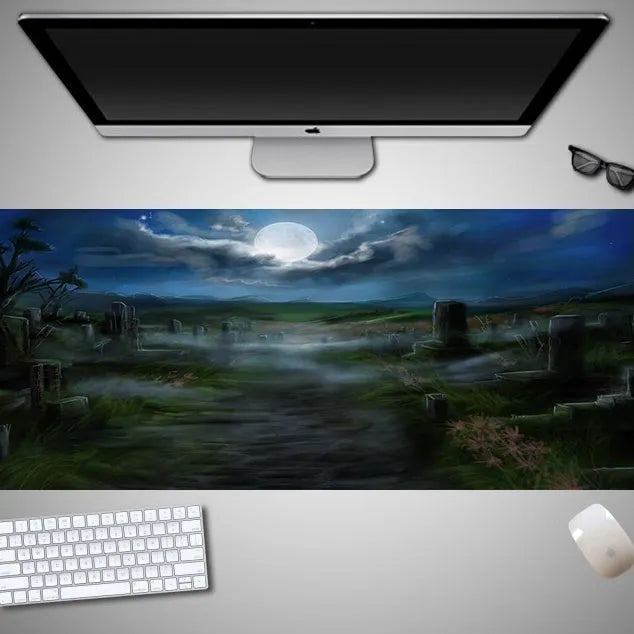 Oversized Halloween-themed mouse pad with non-slip rubber cloth base on a desk