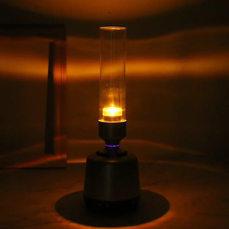 White silver candlelight Bluetooth speaker night light with modern design showing dimensions 90x277mm