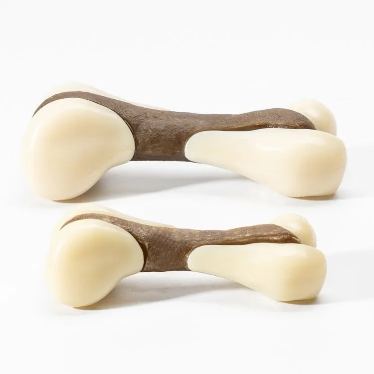 Durable bone-shaped dog chew toy made from brown cowhide and nylon in small and large sizes.