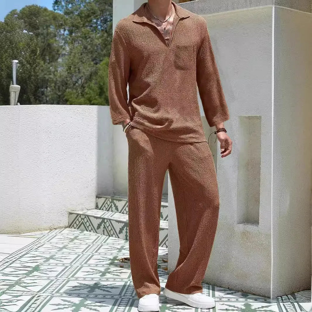 Men's casual shirt trousers suit in polyester available in lake blue, khaki, black and caramel colours