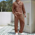 Men's casual shirt trousers suit in polyester available in lake blue, khaki, black and caramel colours