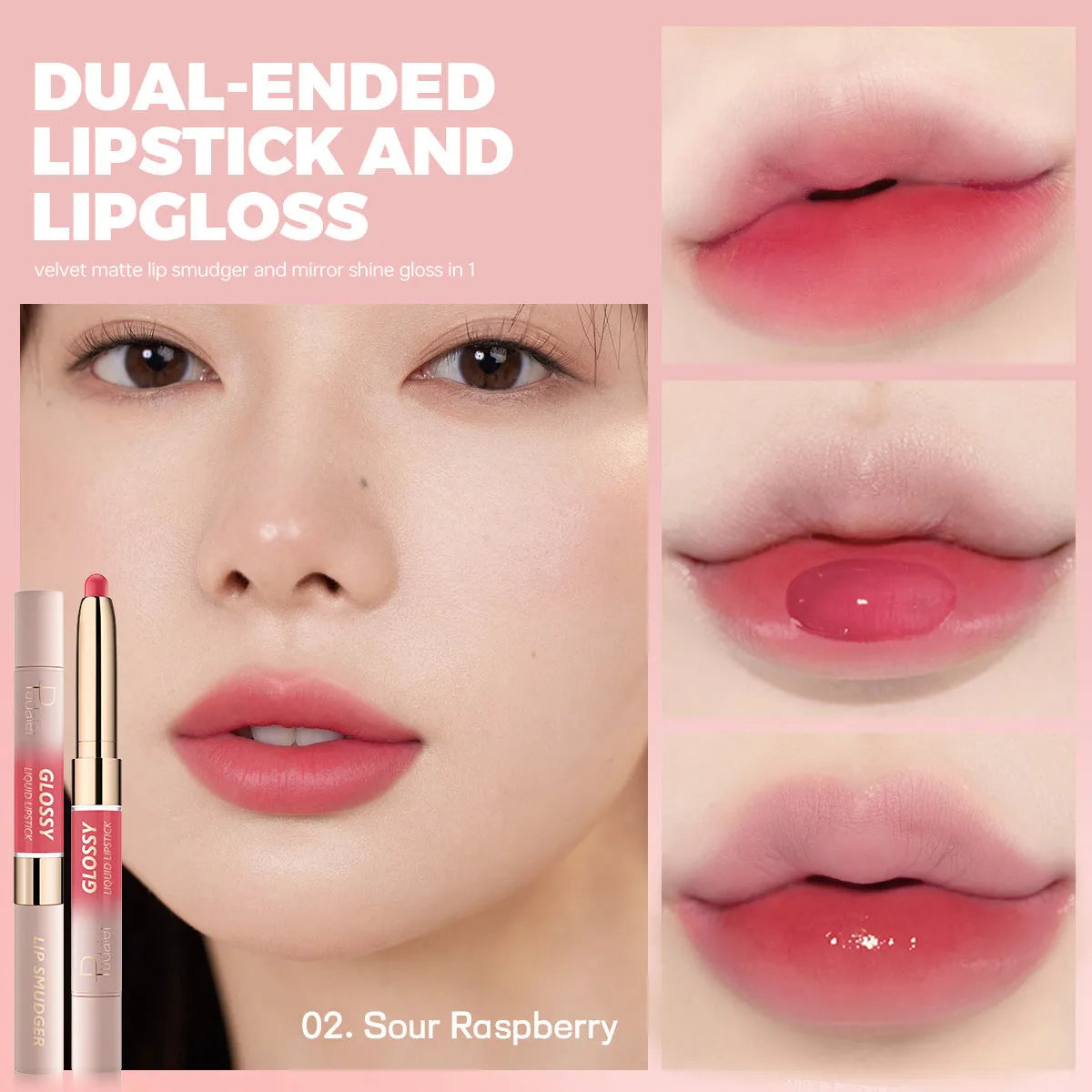 Double-headed lipstick and lip gloss in matte finish showing 10 different colour options