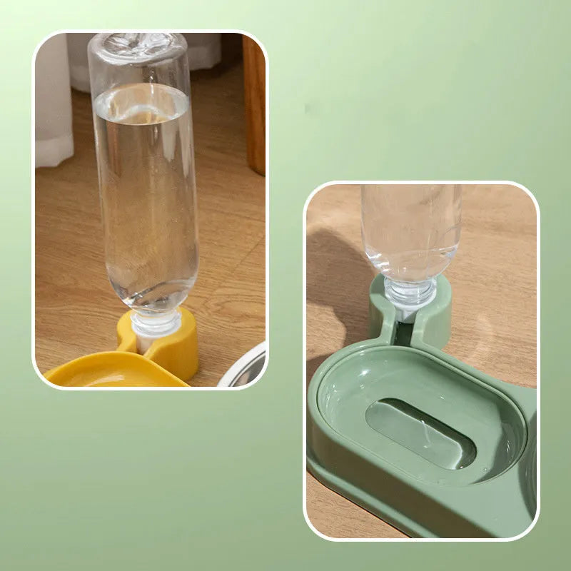 Elevated cat food bowl with automatic water dispenser bottle in choice of brown, green or yellow colours