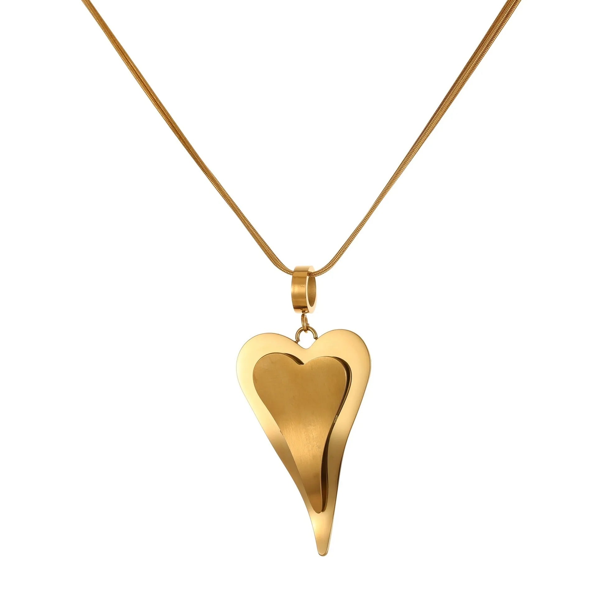 Geometric double heart pendant on a textured snake bones chain necklace in gold or steel finish.