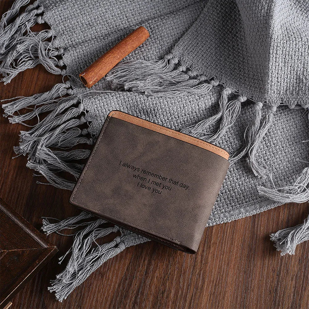 Coffee-coloured engraved horizontal short wallet showing personalised text and seven card slots