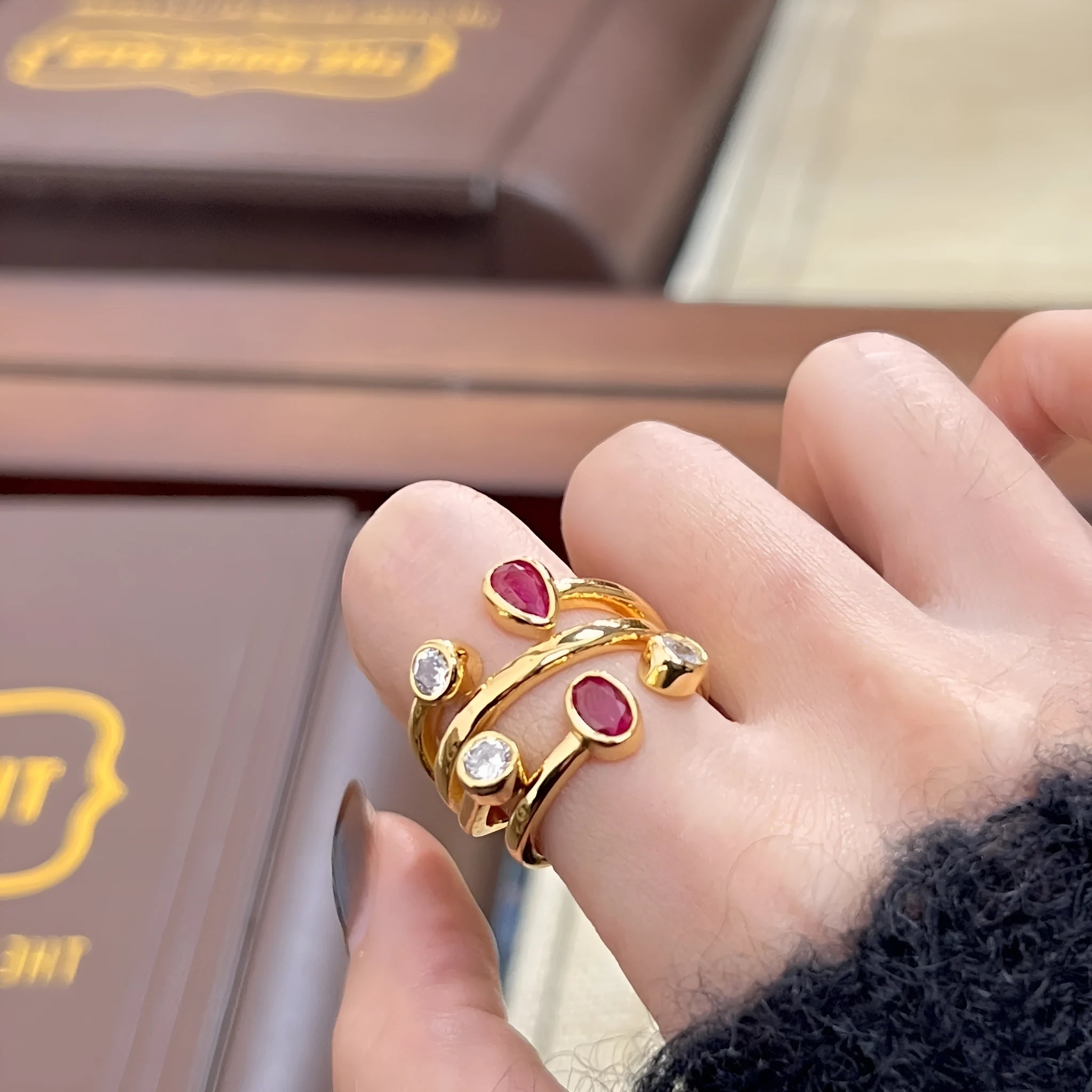 Geometric irregular cross ring with two-tone electroplated finish and group diamonds