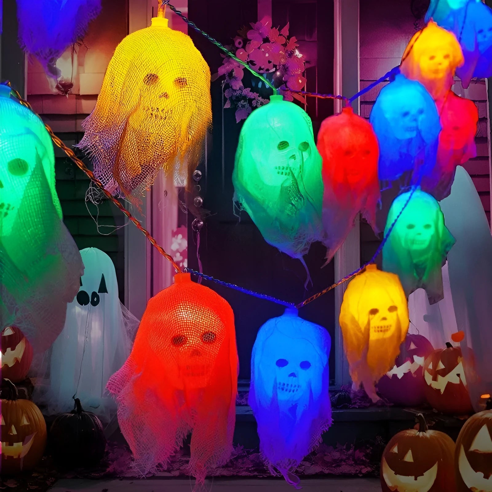 Halloween coloured battery-powered LED string lights showing plastic housing and multiple coloured light beads