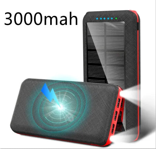 Black portable power bank with wireless charging surface and three USB ports for multiple device charging