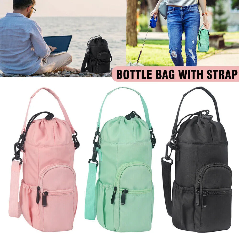Cloth water bottle pouch with crossbody strap in black, green, and pink colour options