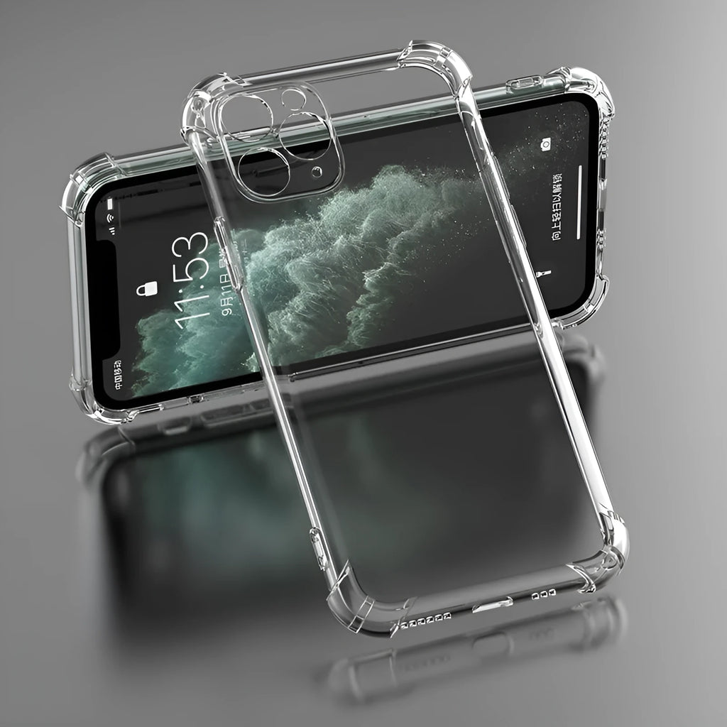 Clear transparent shockproof TPU phone case for iPhone models on a table.