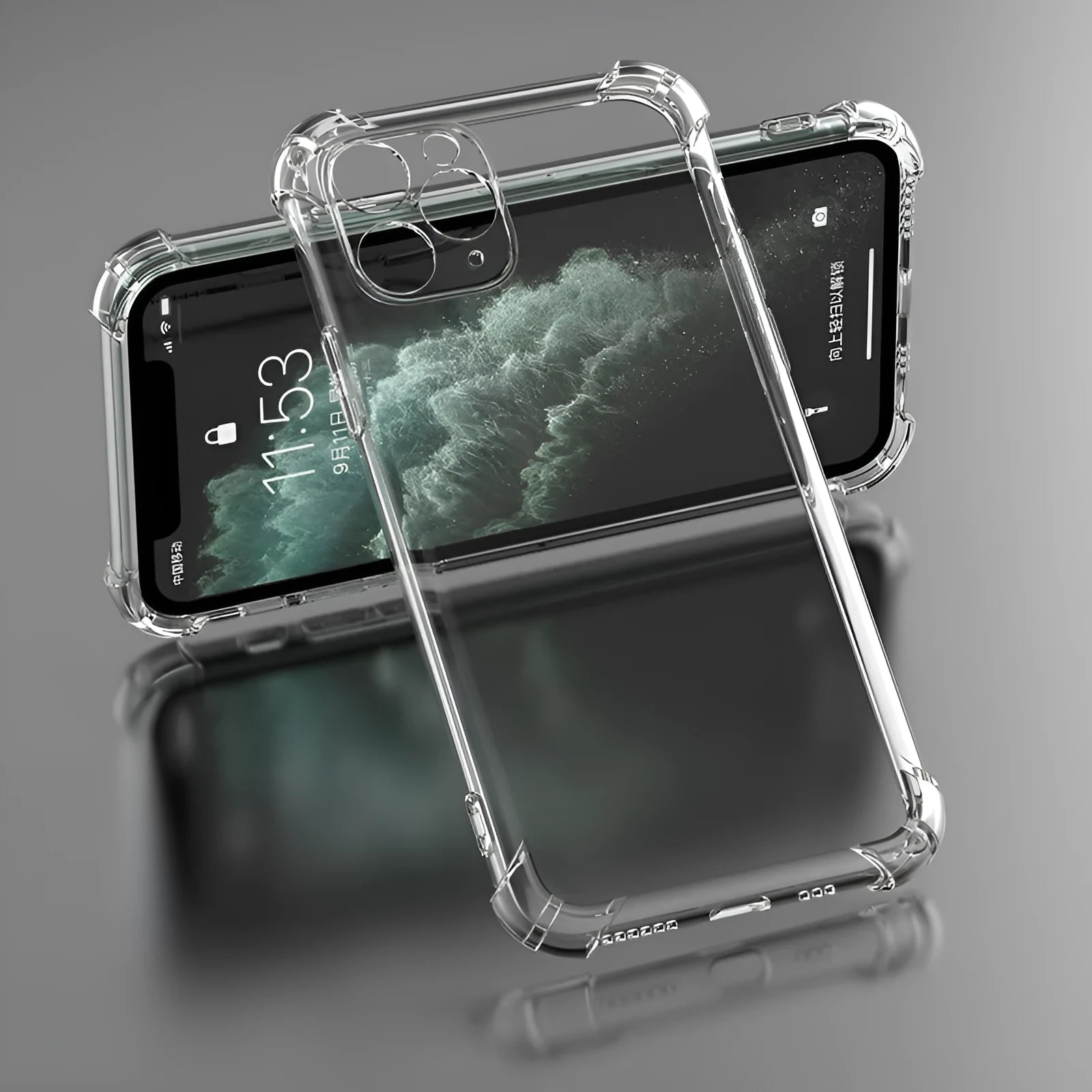Clear transparent shockproof TPU phone case for iPhone models on a table.