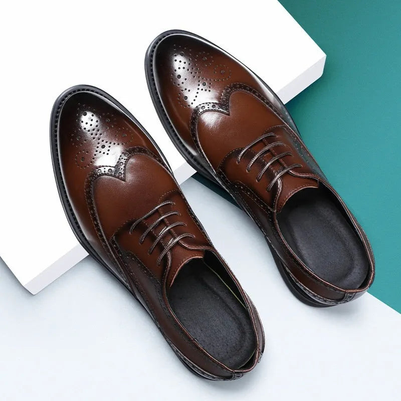 Men's black and brown brogue leather shoes with business styling and PU leather upper material