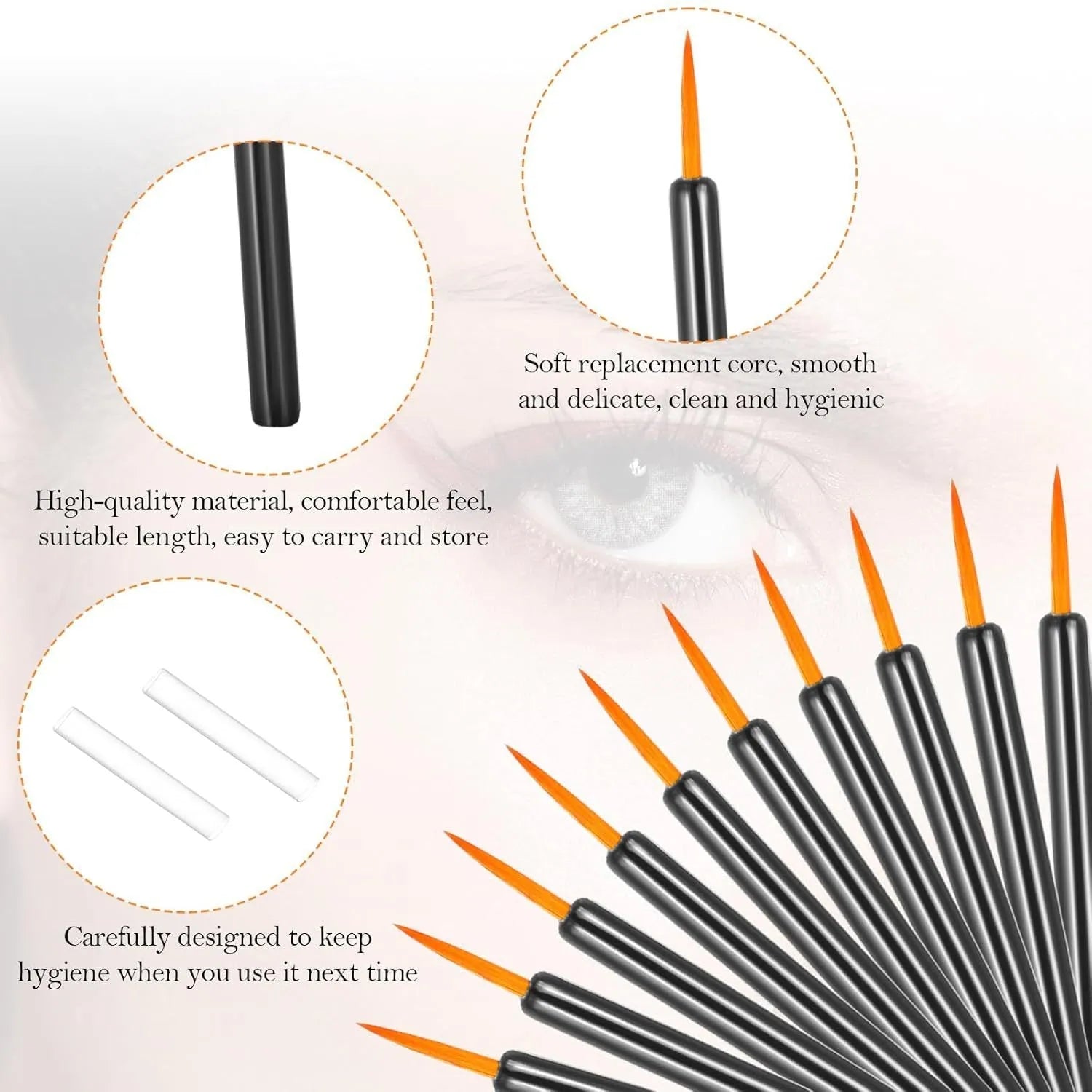 Pack of 100 black disposable eyeliner brushes with fine pointed tips and plastic sleeves