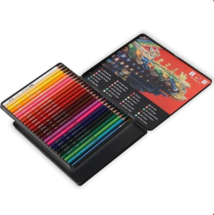 Water-soluble coloured pencil set with 24 colours, a brush, and a metal box open to show contents.