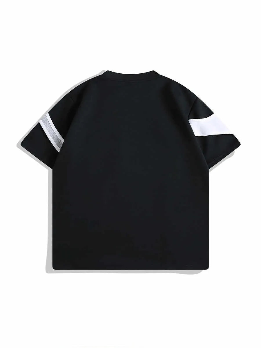 Men's black loose fit cotton t-shirt showing double-layer shoulder stitching detail