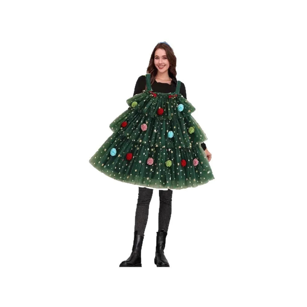 Green mesh polka dot decorative tiered dress with colourful ball details and Christmas tree pattern