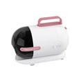 Pink and white pet hair vacuum cleaner with electric shaver attachment and grooming accessories on white background