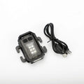 Portable red tactical warning flashlight with USB charging cable for backpack mounting.