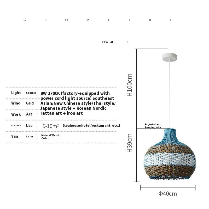 Vine woven pendant lamp in pastoral Southeast Asian style with warm lighting
