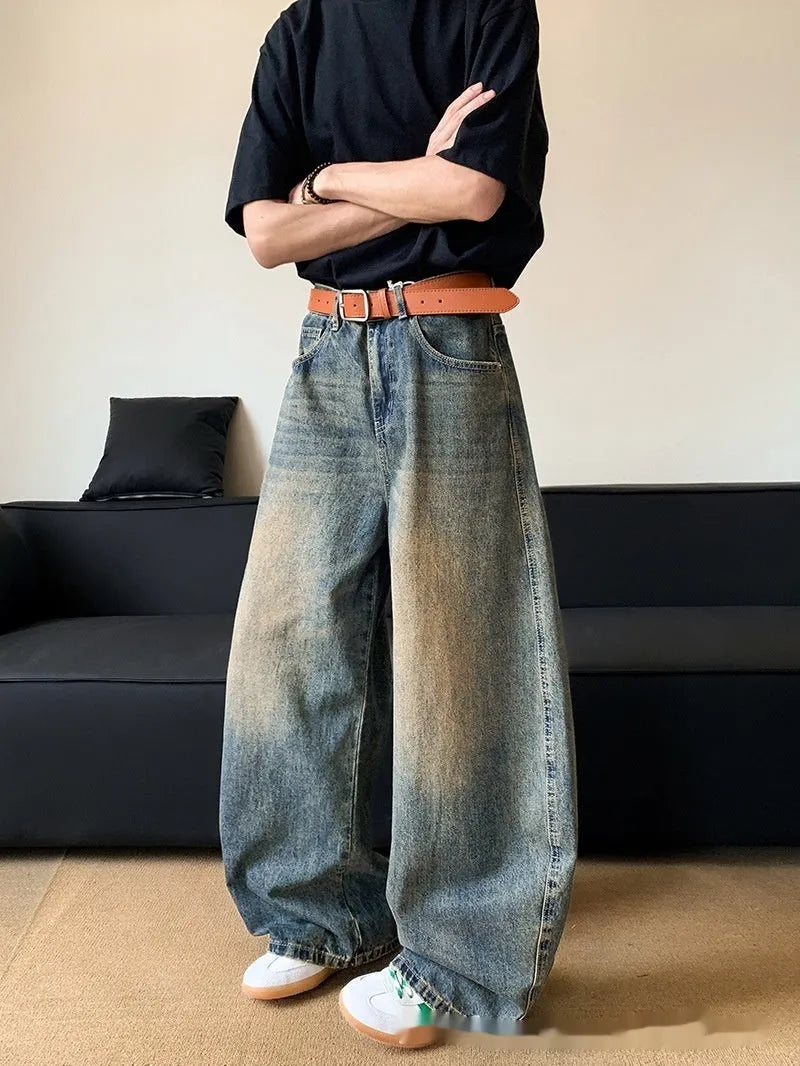 Men's retro blue distressed denim wide-leg trousers with slimming fit and mid-rise waist