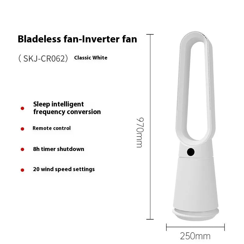 White SK bladeless floor tower fan with remote control on wooden floor.