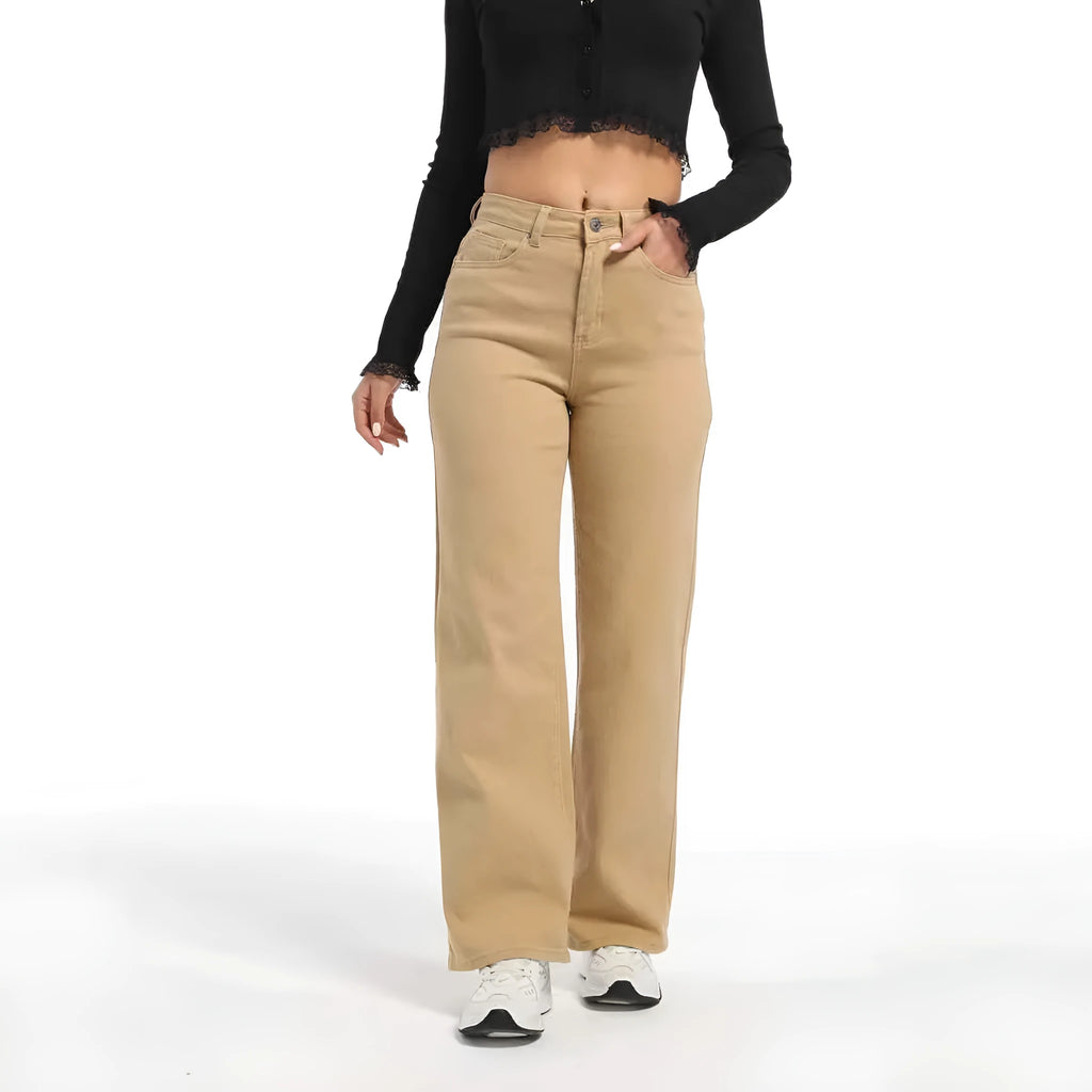 Women's high-waisted wide-leg straight jeans in apricot colour on a hanger
