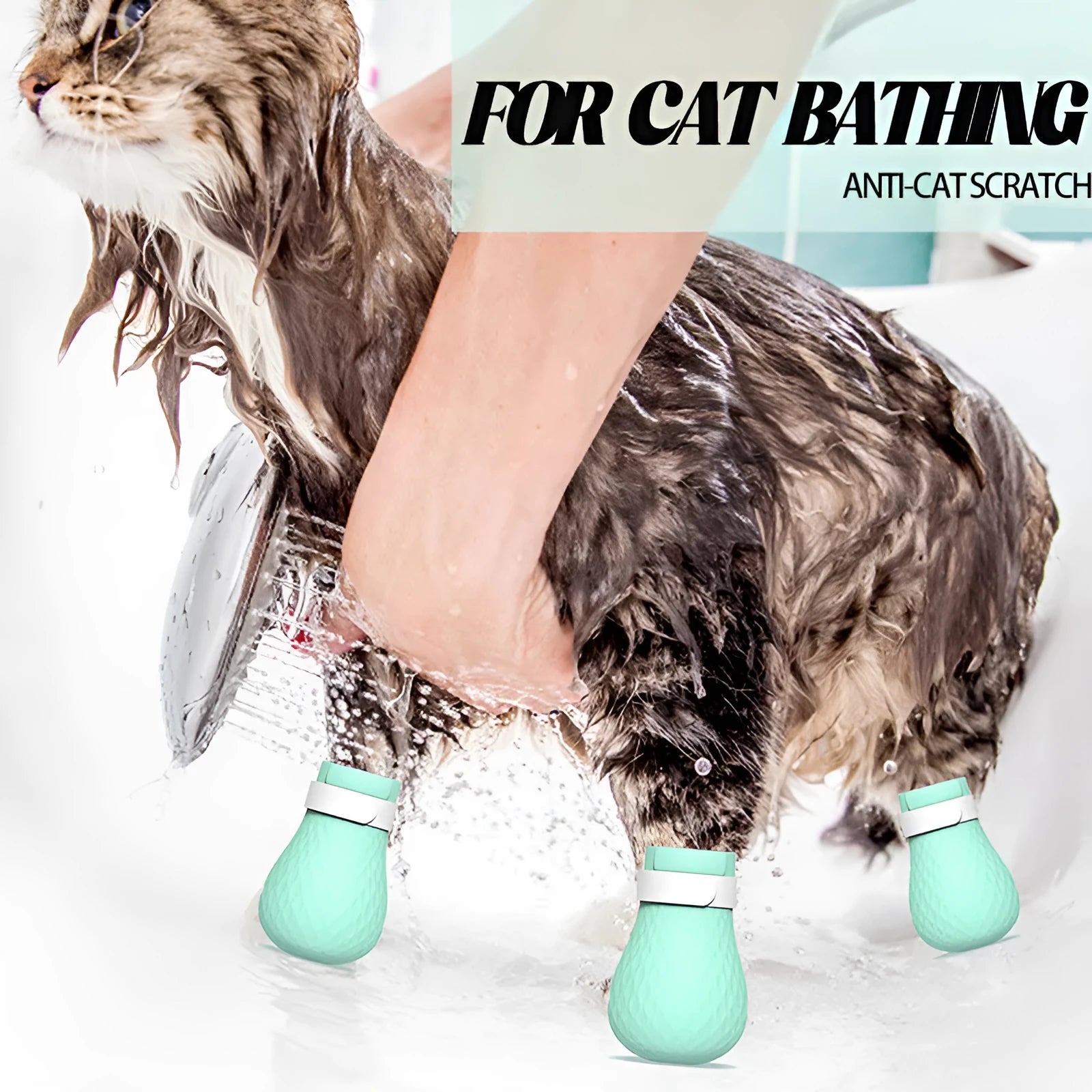 Four green silicone cat scratch prevention foot covers with an adjustable strap laid flat