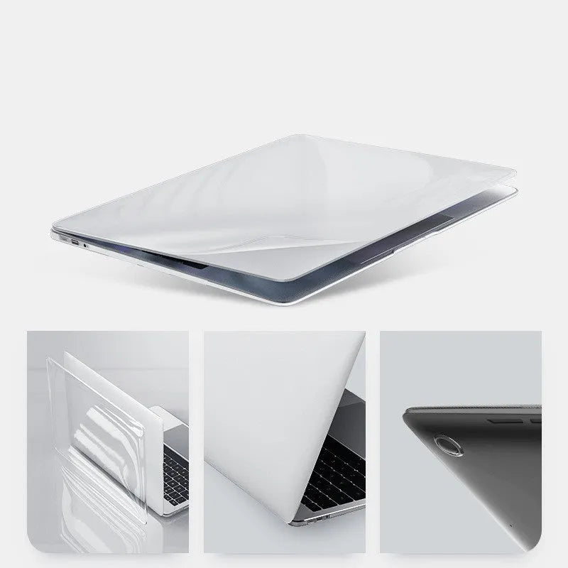 Transparent and black PC hard shell protective cases for Apple MacBook Pro 14.2 and 16.2-inch laptops.