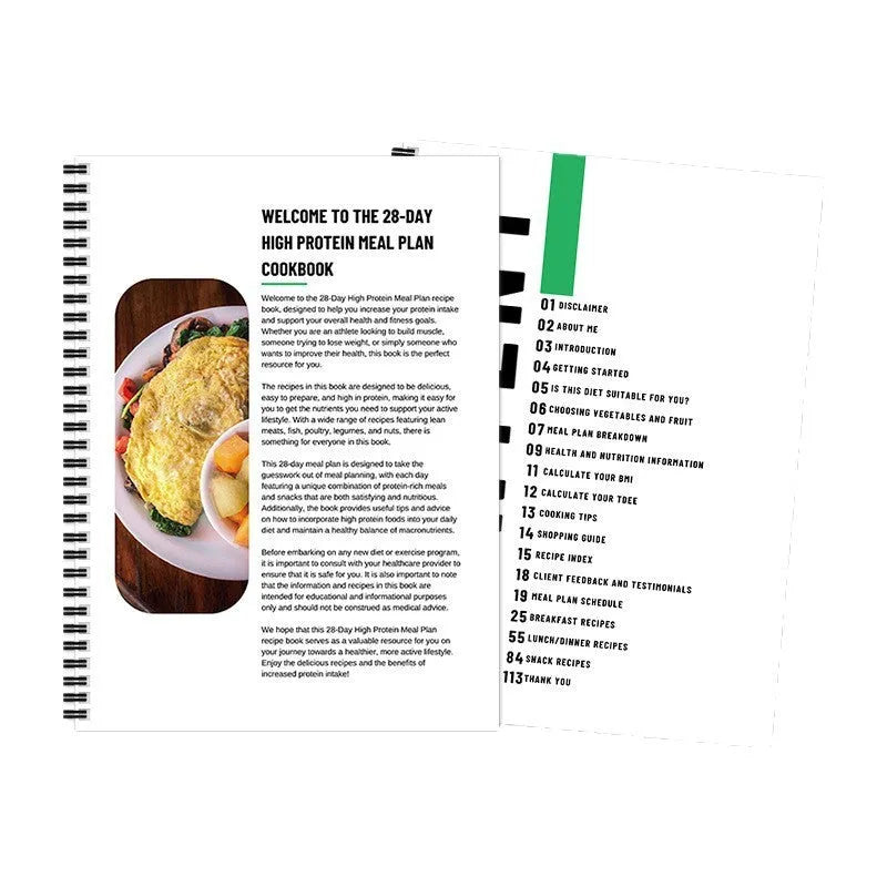 28-day high-protein diet plan book with A4 paper size and 28Day Dietary Plan cover colour on flat surface