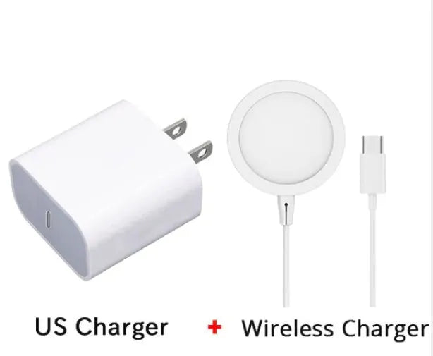 Magsafe magnetic wireless charger for iPhone in silver, black, blue, or red with USB cable
